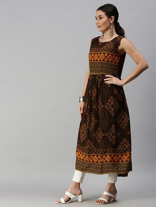 olive printed anarkali kurta - 18285023 - Very Small Image - 1