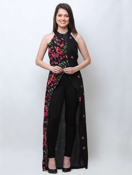 women black front slit printed maxi tunic - 18347812 - Very Small Image - 1