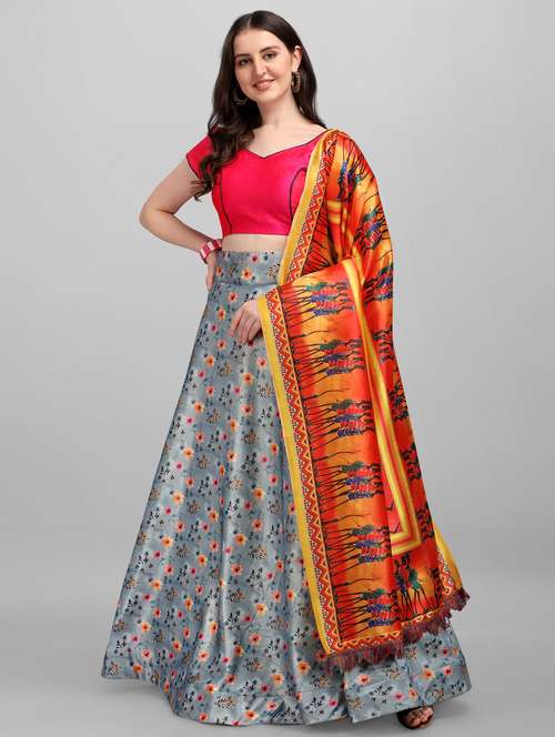 grey satin flared lehenga - 18355147 - Very Small Image - 1