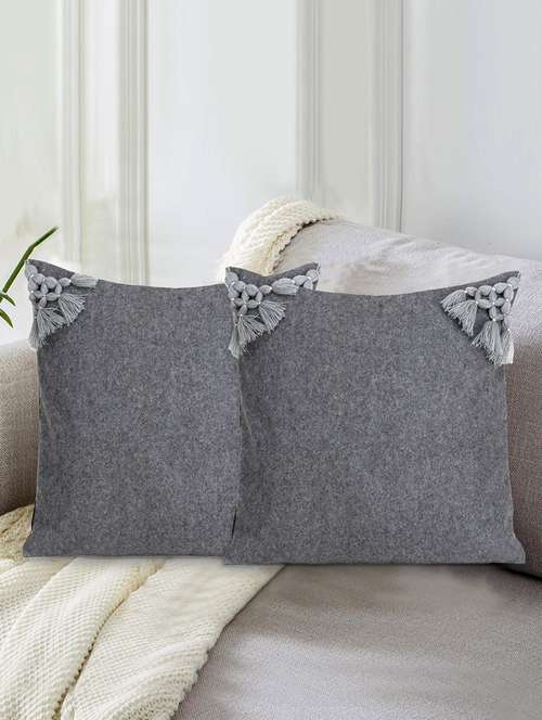 mezposh motley grey pure wool solid self design tasselled cushion cover (16"x16") (set of 2) - 18369292 - Very Small Image - 1