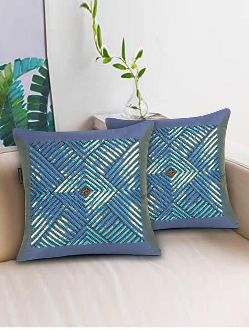 mezposh dazzle mauve & tiffany blue geometric embellished faux silk cushion covers (16"x16") set of 2 - 18369390 - Very Small Image - 1