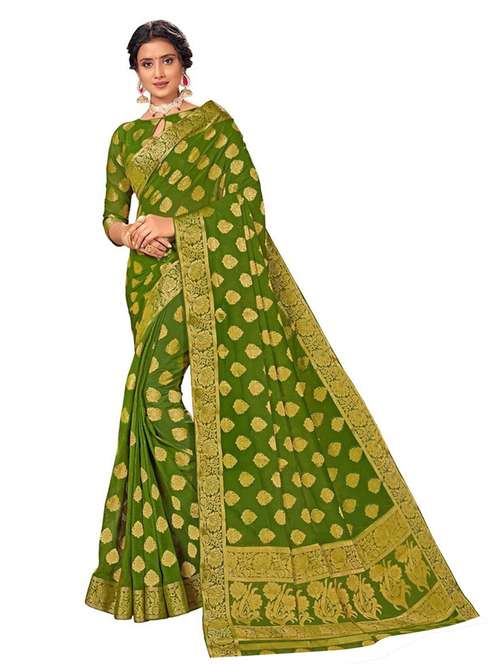 women's self design green colored saree with blouse - 18379189 - Very Small Image - 1