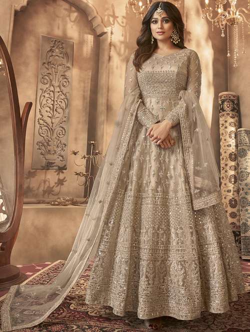 beige net semistitched suit - 18387848 - Very Small Image - 1