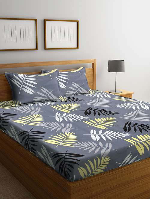 klotthe grey floral 210 tc cotton blend elasticated double bedsheet with 2 pillow cover - 18407886 - Very Small Image - 1