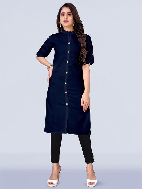 blue solid front slit kurta - 18411278 - Very Small Image - 1