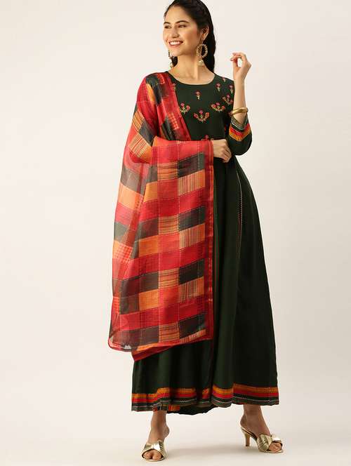 women green three quarter sleeve kurta dupatta set - 18480951 - Very Small Image - 1