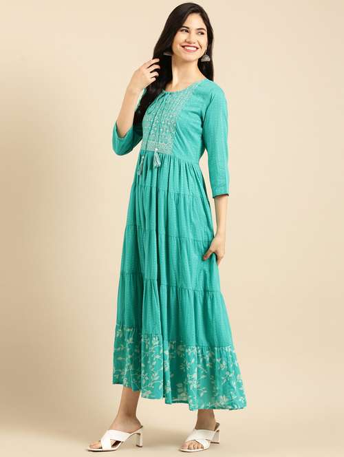 tiered flare ethnic dress with embroidery and sequence - 18532077 - Very Small Image - 1