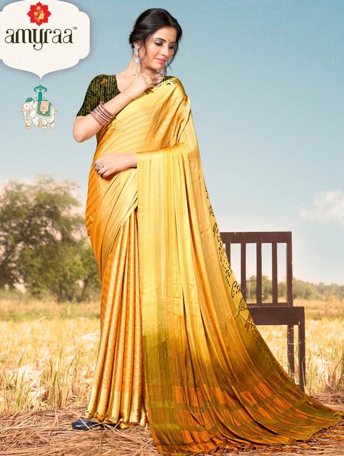 yellow self design printed saree with blouse - 18558437 - Very Small Image - 1