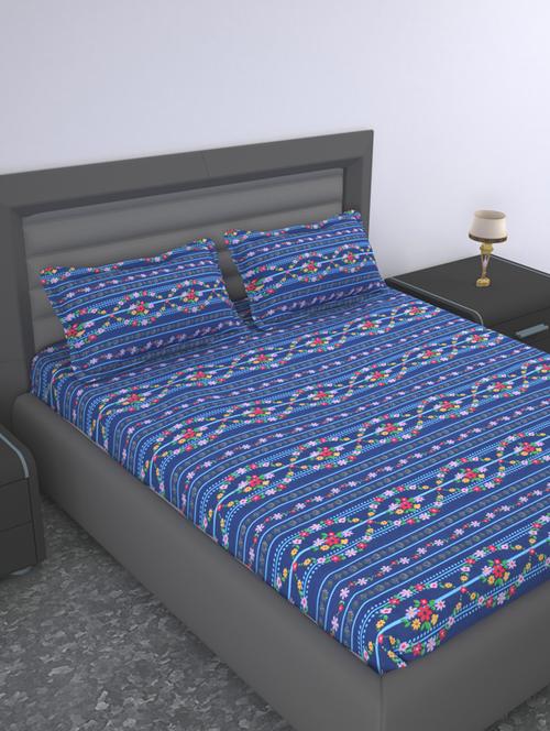 144 tc cotton flat bedsheet for double size bed with 2 pillow covers|90x100 inch|design floral|color - blue| - 18590857 - Very Small Image - 1