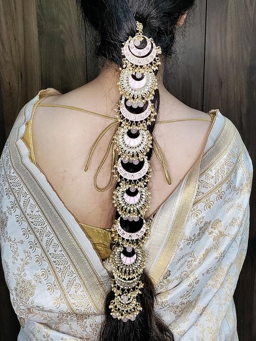 karatcart pink meena gold plated kundan bridal wedding hair braid choti - 18635742 - Very Small Image - 1