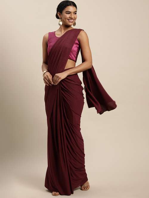 women's solid maroon colored saree with blouse - 18643285 - Very Small Image - 1