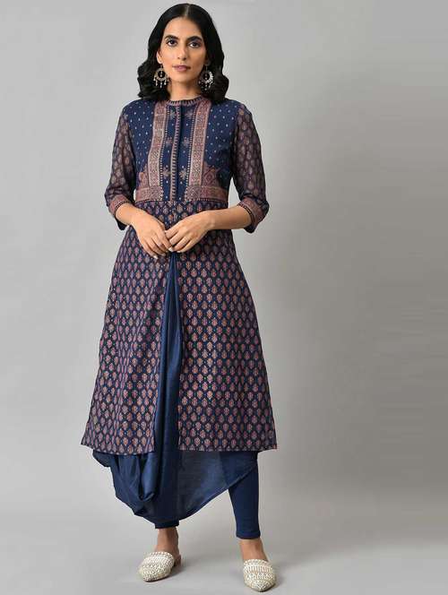 w women blue festive geometric print georgette a-line cowl hemline kurta with tight - 18718335 - Very Small Image - 1