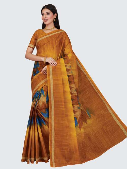 women's printed mustard colored saree with blouse - 18854881 - Very Small Image - 1