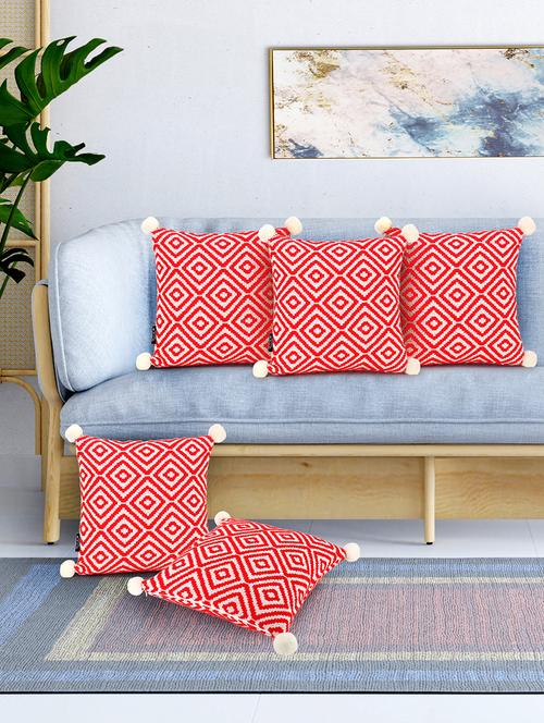 mezposh red & off white diamond embroidered cotton acrylic cushion covers (16"x16") set of 5 - 19088622 - Very Small Image - 1