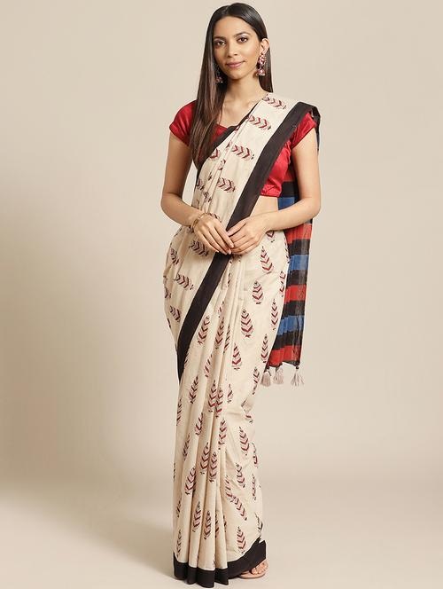women's leaf print beige colored saree with blouse - 19179080 - Very Small Image - 1