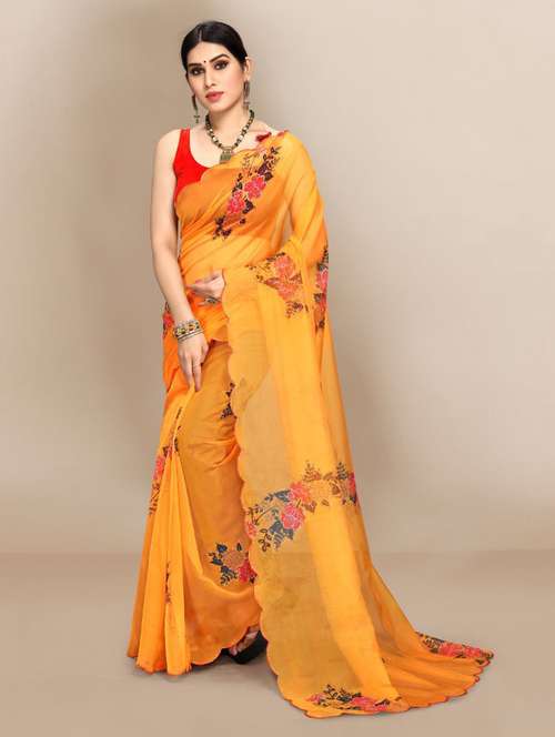 women's floral mustard colored saree - 19398434 - Very Small Image - 1
