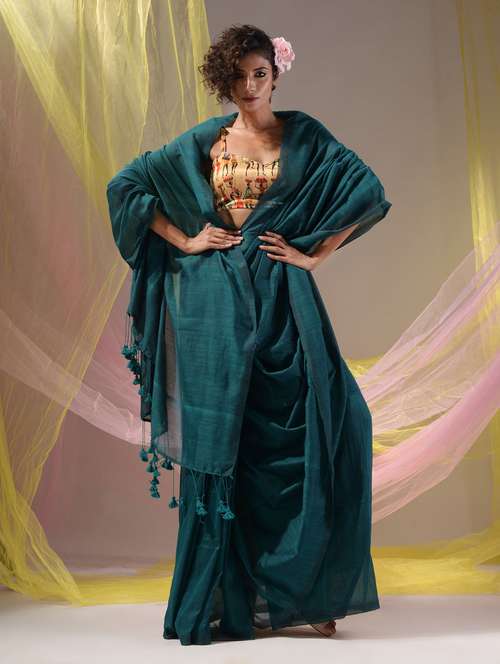 women's solid teal colored saree with blouse - 19418070 - Very Small Image - 1