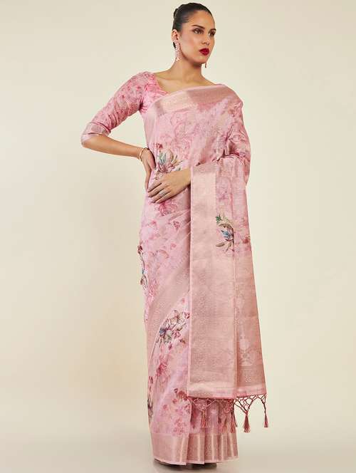 women's floral nude colored saree with blouse - 19496614 - Very Small Image - 1