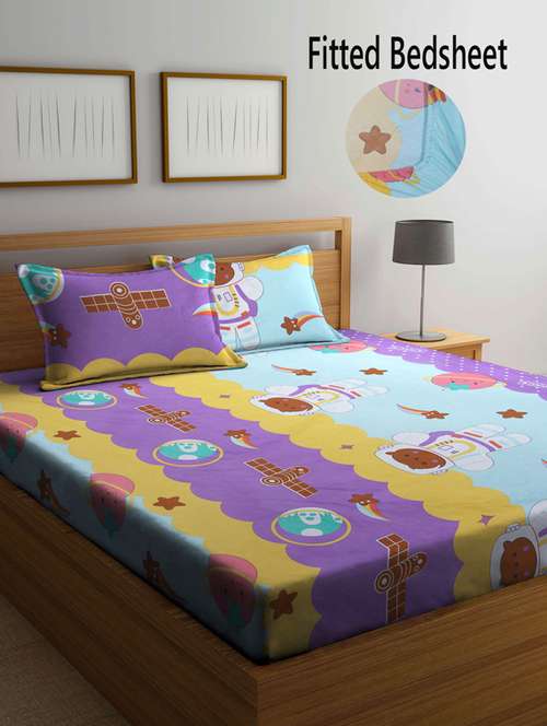 fabinaliv multicolor cartoon print 210 tc cotton blend king size fitted double bedsheet with 2 pillow covers - 19511440 - Very Small Image - 1