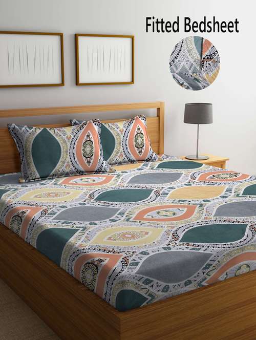 fabinaliv multicolor motifs 210 tc cotton blend king size fitted double bedsheet with 2 pillow covers - 19511459 - Very Small Image - 1