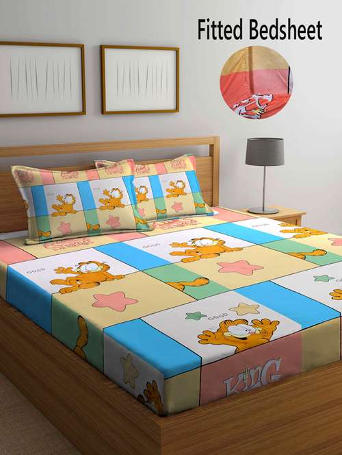 fabinaliv multicolor cartoon print 210 tc cotton blend king size fitted double bedsheet with 2 pillow covers - 19511474 - Very Small Image - 1
