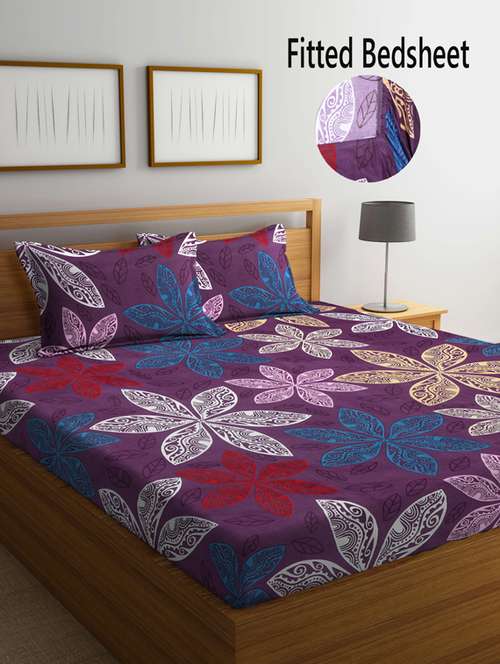 fabinaliv multicolor floral 210 tc cotton blend king size fitted double bedsheet with 2 pillow covers - 19511481 - Very Small Image - 1