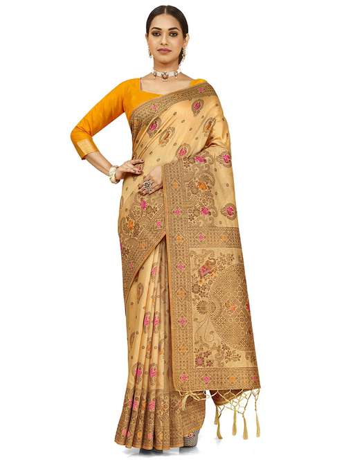 women's self design beige colored saree with blouse - 19517940 - Very Small Image - 1