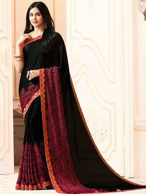 black georgette printed saree with blouse - 19555277 - Very Small Image - 1