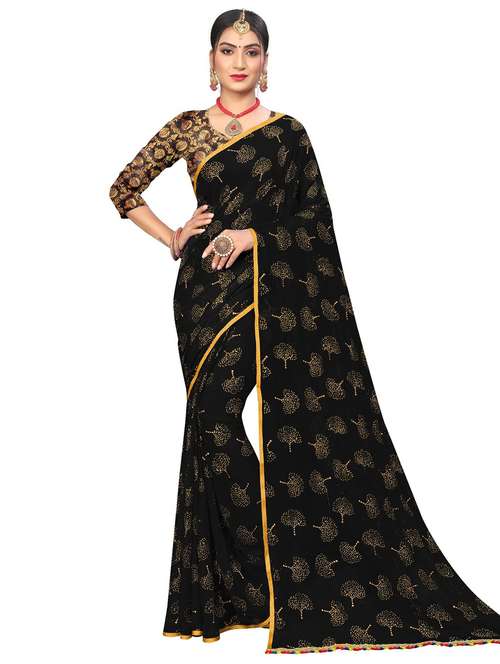 women's foil print black colored saree with blouse - 19648214 - Very Small Image - 1