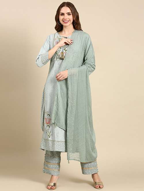 women grey self design kurta pant set with dupatta - 19664934 - Very Small Image - 1