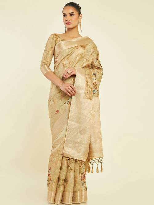 women's self design cream colored saree with blouse - 19665582 - Very Small Image - 1