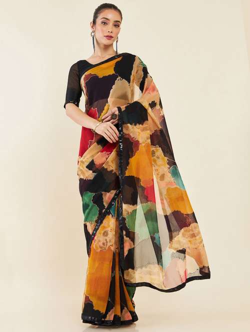 women's abstract multi colored saree with blouse - 19665643 - Very Small Image - 1