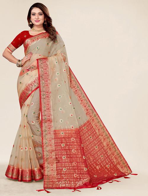 women's self design tan colored saree with blouse - 19774861 - Very Small Image - 1
