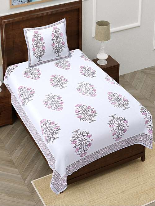texstylers pure cotton white base floral 60x90 inches single bedsheet with 1 pillow cover - 19866725 - Very Small Image - 1