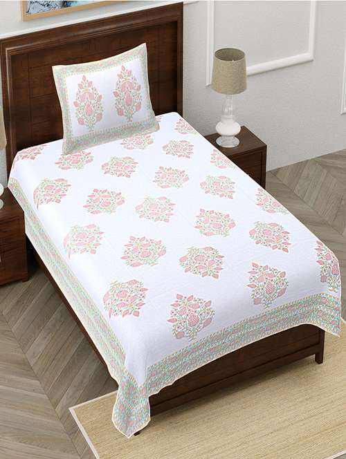 texstylers pure cotton white base floral 60x90 inches single bedsheet with 1 pillow cover - 19866729 - Very Small Image - 1