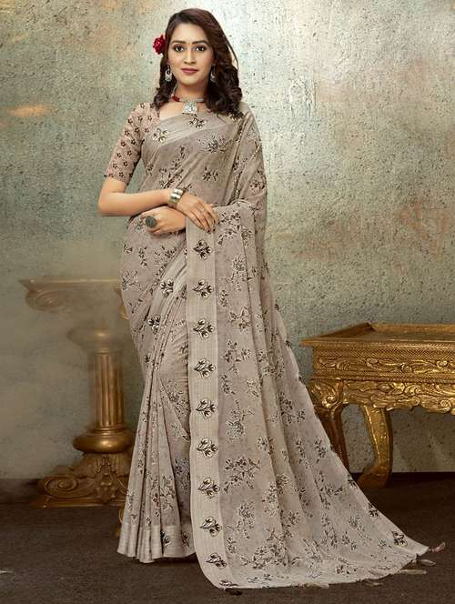 women's floral grey colored saree with blouse - 19882921 - Very Small Image - 1