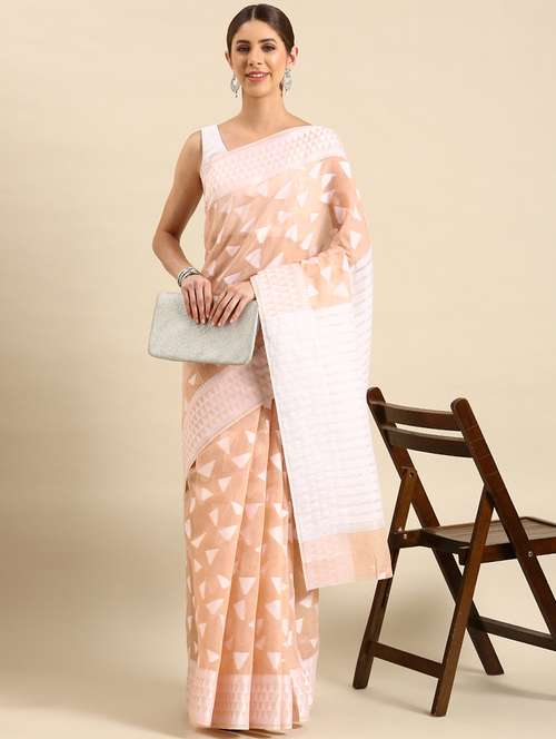 women's geometric beige colored saree with blouse - 19891403 - Very Small Image - 1