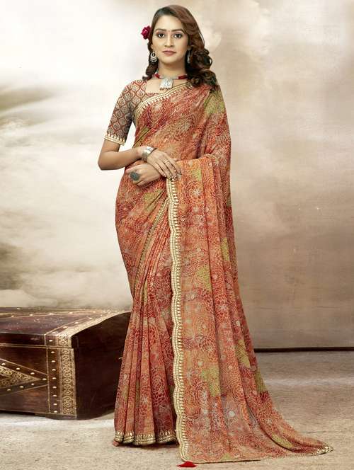 women's floral orange colored saree with blouse - 19915177 - Very Small Image - 1