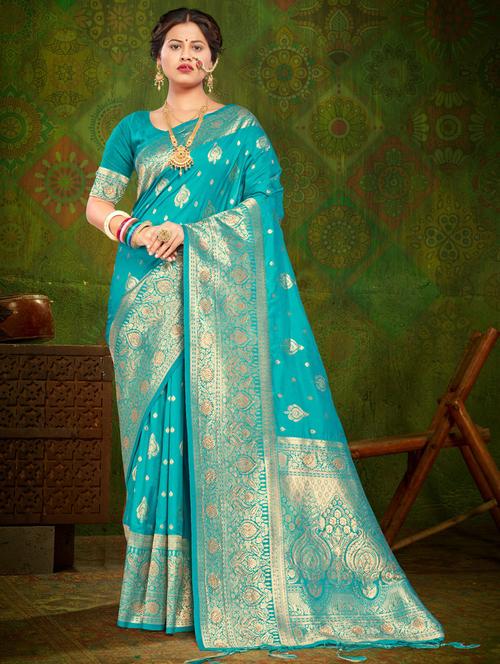 sky blue silk banarasi saree with blouse - 19963331 - Very Small Image - 1