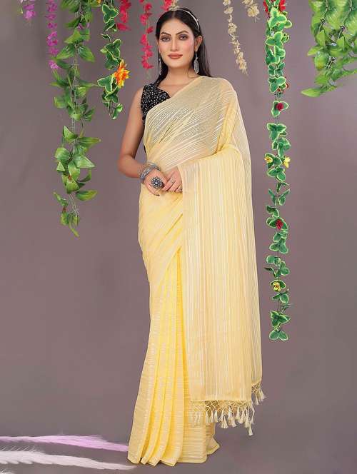 women's stripes yellow colored saree with blouse - 20058654 - Very Small Image - 1