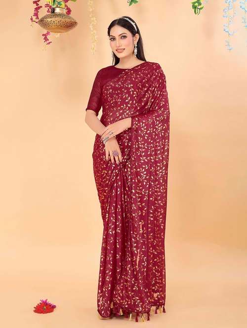 women's printed maroon colored saree with blouse - 20058737 - Very Small Image - 1