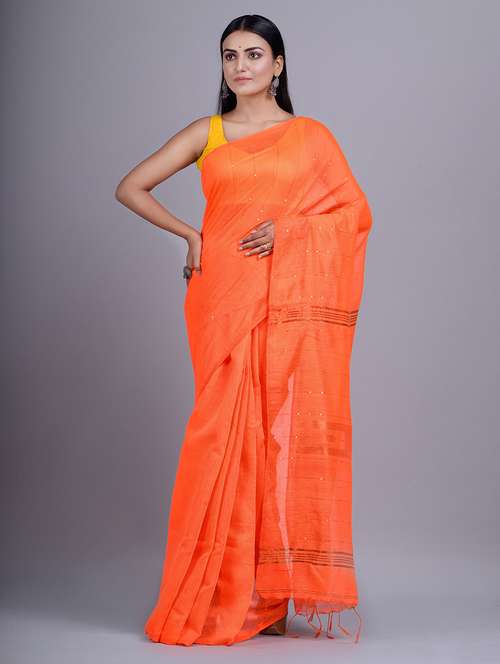 women's self design orange colored saree with blouse - 20126215 - Very Small Image - 1
