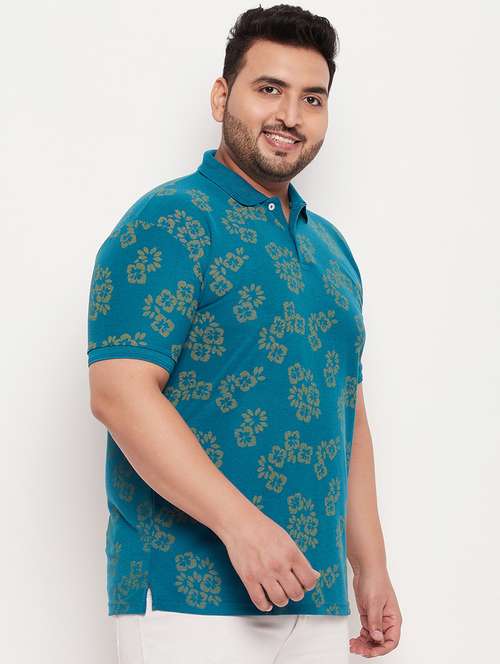 men turquoise regular fit floral plus size polo t-shirt - 20136512 - Very Small Image - 1