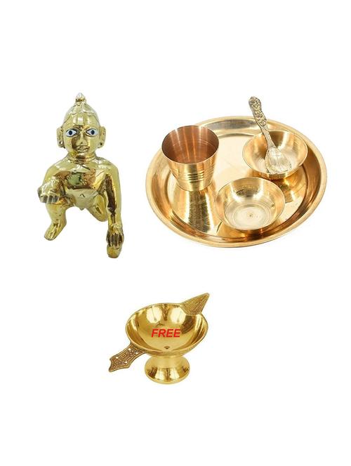 vannef brass laddo gopal/bala krishna with bhog plate with free diya brass (7 pieces, gold) - 20211312 - Very Small Image - 1