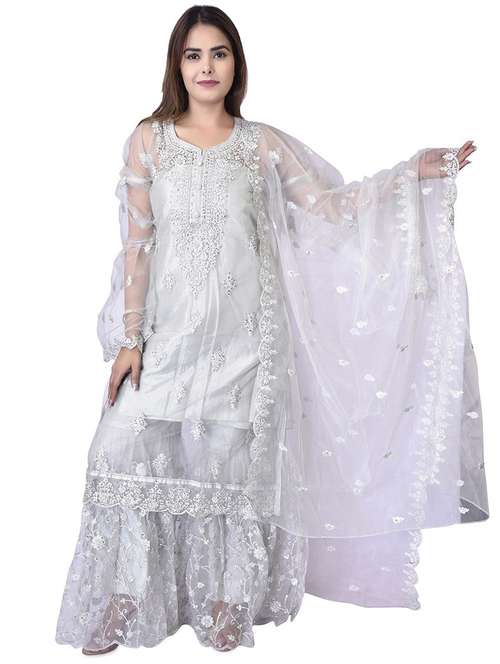 embroidered unstitched sharara suit set - 20213470 - Very Small Image - 1