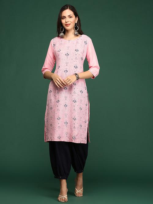 women's pink round neck straight kurta - 20252298 - Very Small Image - 1