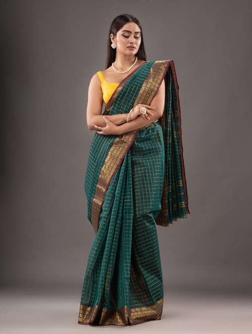 women's checks bottle green colored saree - 20266949 - Very Small Image - 1