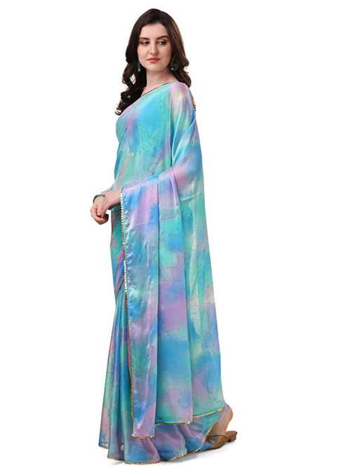 women's printed light blue colored saree with blouse - 20273386 - Very Small Image - 1