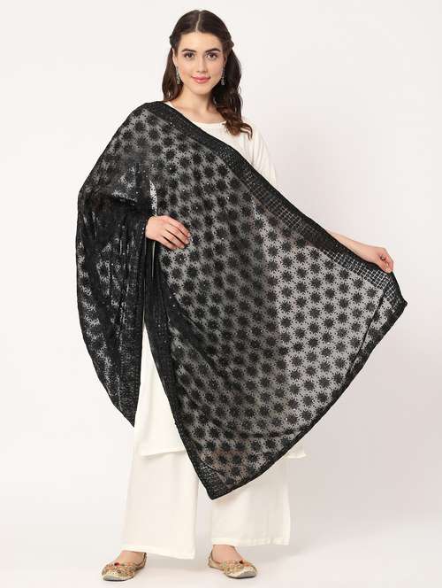 women black phulkari embroidered dupatta - 20276658 - Very Small Image - 1