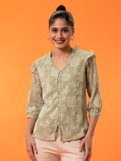 women green v-neck regular top - 20277778 - Very Small Image - 1